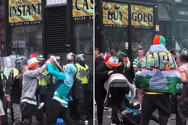 Celtic fans clash with each other during Glasgow city centre chaos after dramatic Scottish Premiership title victory over Hearts sparks 12 arrests and police injuries.