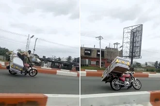 Daredevil biker performs death-defying stunts with coffin strapped to motorbike in Nigeria as tribute to dead pal, sparking 2m views and police investigation.