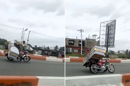Daredevil biker performs death-defying stunts with coffin strapped to motorbike in Nigeria as tribute to dead pal, sparking 2m views and police investigation.