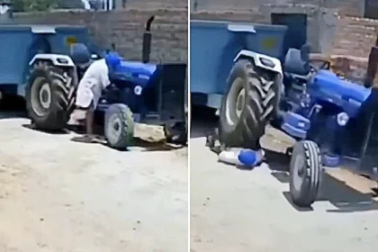 Indian farmer miraculously survives after his own tractor lurched forward and ran over his body and head in Sultanpur Patti village, walking away with minor injuries.