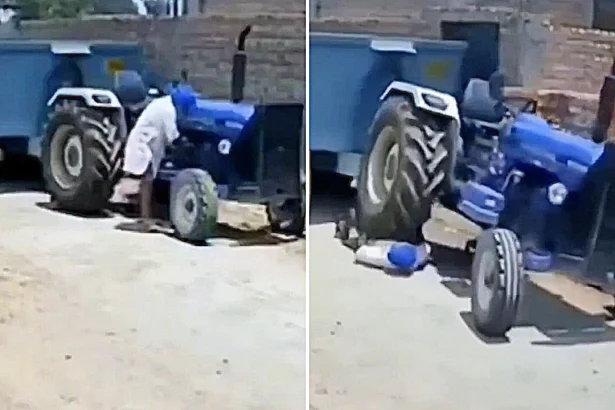Indian farmer miraculously survives after his own tractor lurched forward and ran over his body and head in Sultanpur Patti village, walking away with minor injuries.