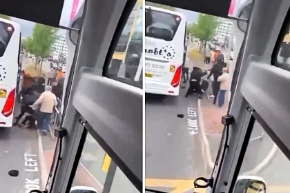 Manchester United fans attacked a bus carrying Liverpool supporters after the Old Trafford derby, with shocking footage showing a fan being kicked in the head while on the ground.