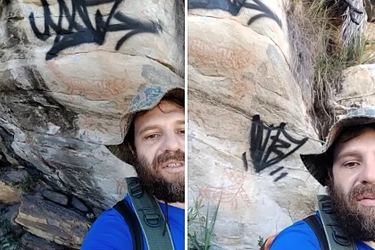 Tour guide Bruno Pereira Mestres filmed 10,000-year-old prehistoric rock paintings vandalised with graffiti at Brazil's Serra do Cipó National Park - branding it terrorism.
