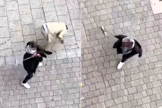 A woman was filmed attacking a man with a broom on a busy Wembley street, repeatedly striking him until he fled, with horrified onlookers watching the bizarre assault unfold.