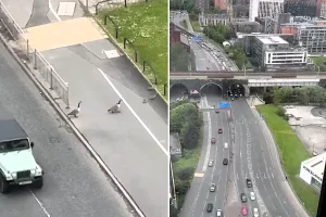 A family of geese including six goslings halted traffic near Old Trafford on the same day Manchester United beat Liverpool 3-2, in a heartwarming Bank Holiday scene caught on camera.