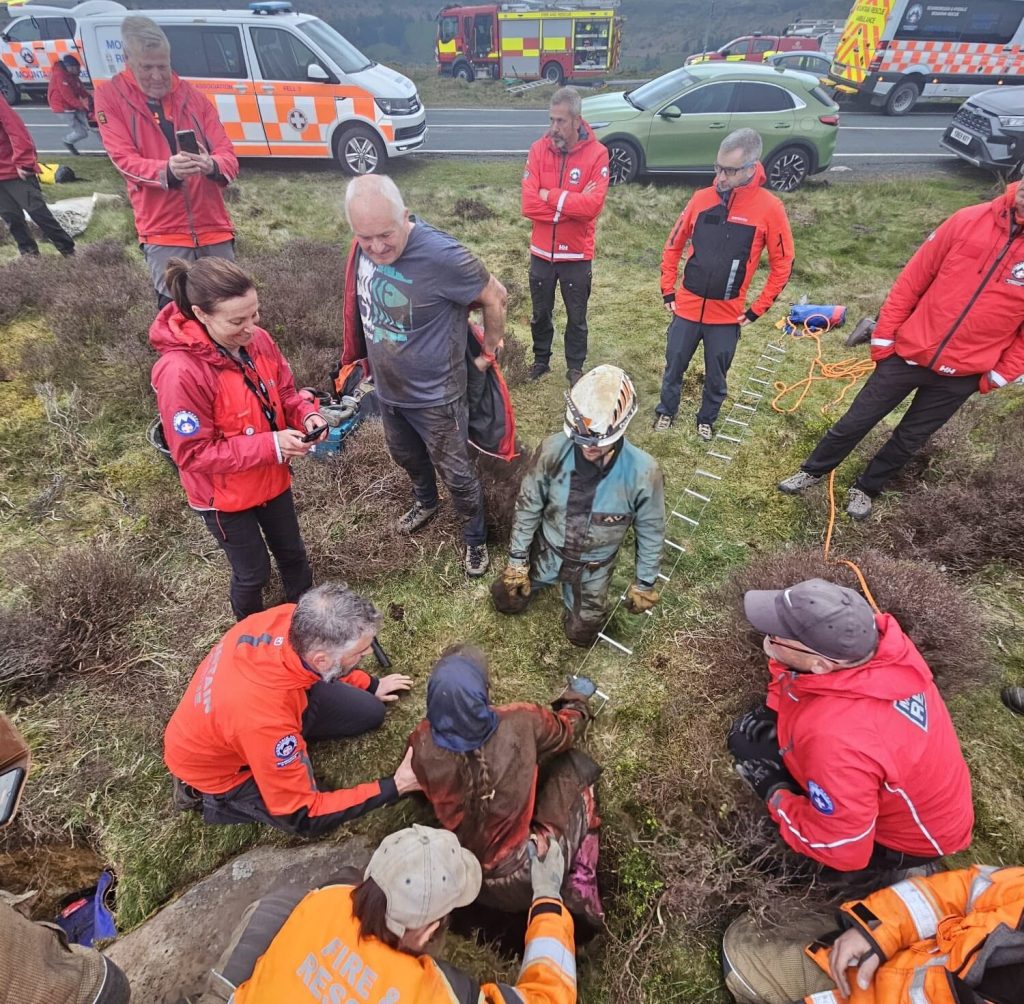 Maisy the 12-year-old Staffie cross was dramatically rescued after six hours trapped 20-feet underground in a hidden pothole on the North York Moors.