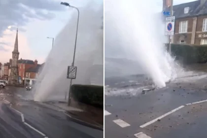 Huge water main burst near famous Fine Lady on White Horse statue in Banbury showers cars with massive explosive jet during UK heatwave.