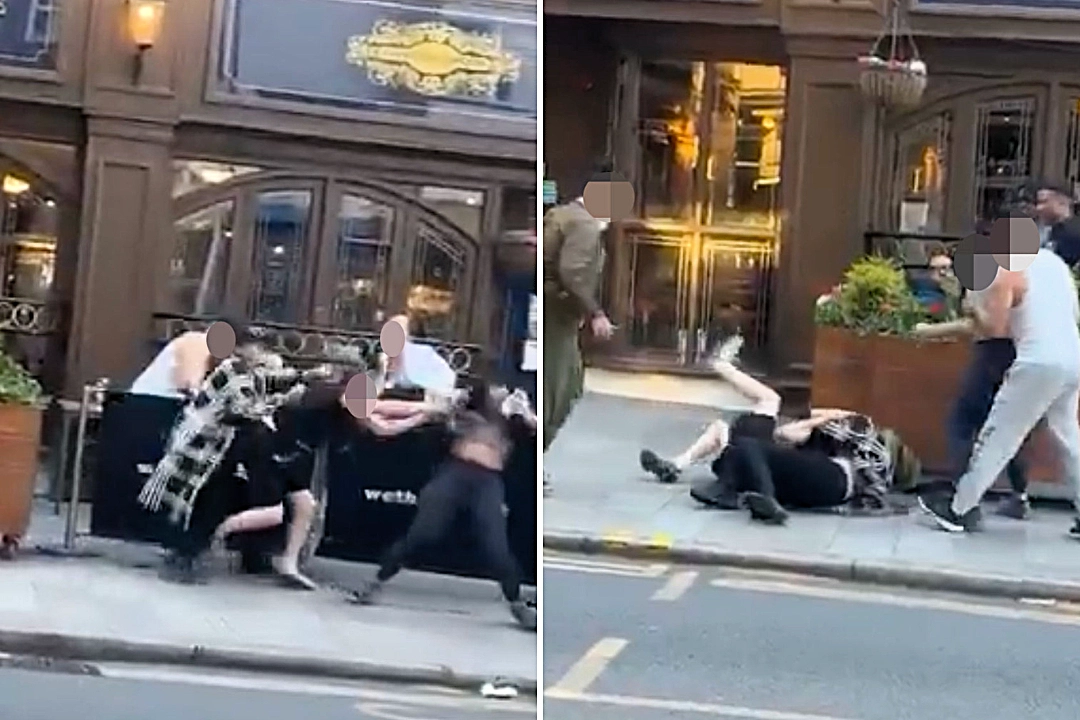 Heatwave sparks chaos as four women brawl outside The Watch House Wetherspoons pub in Lewisham, Southeast London, leaving small dog watching on in shocking footage.