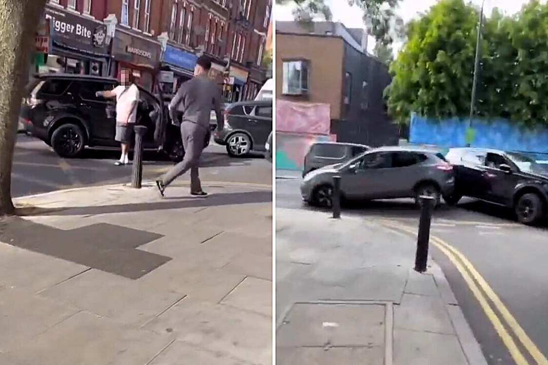 Furious heatwave road rage erupts in Harlesden, London as four men clash before one driver deliberately reverses car into another motor in shocking viral footage.