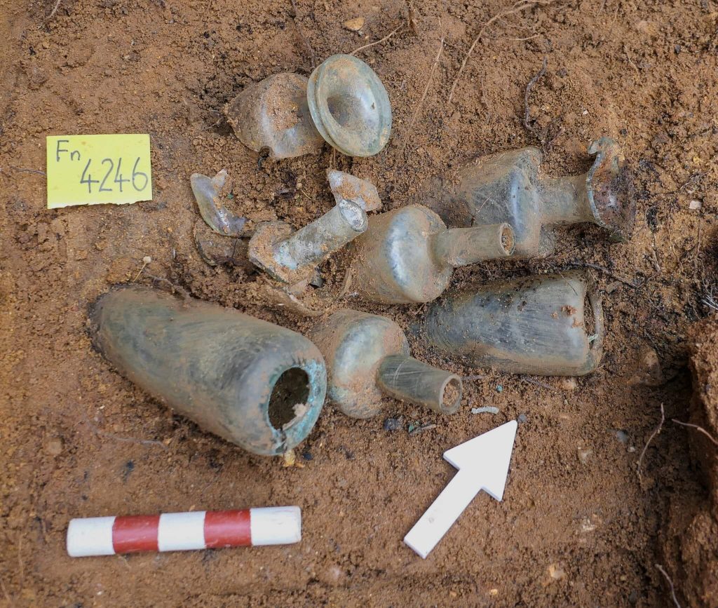 A high-status Roman woman buried in a decorated lead coffin under a Colchester hospital has been unearthed, with frankincense, rare glass vessels and jet hairpins among her grave goods.