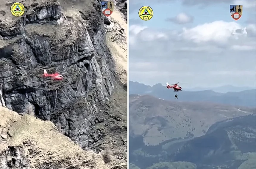 Two hikers miraculously survived after plunging 330ft down a sheer cliff face in Romania's Bucegi Mountains, escaping with only minor injuries.