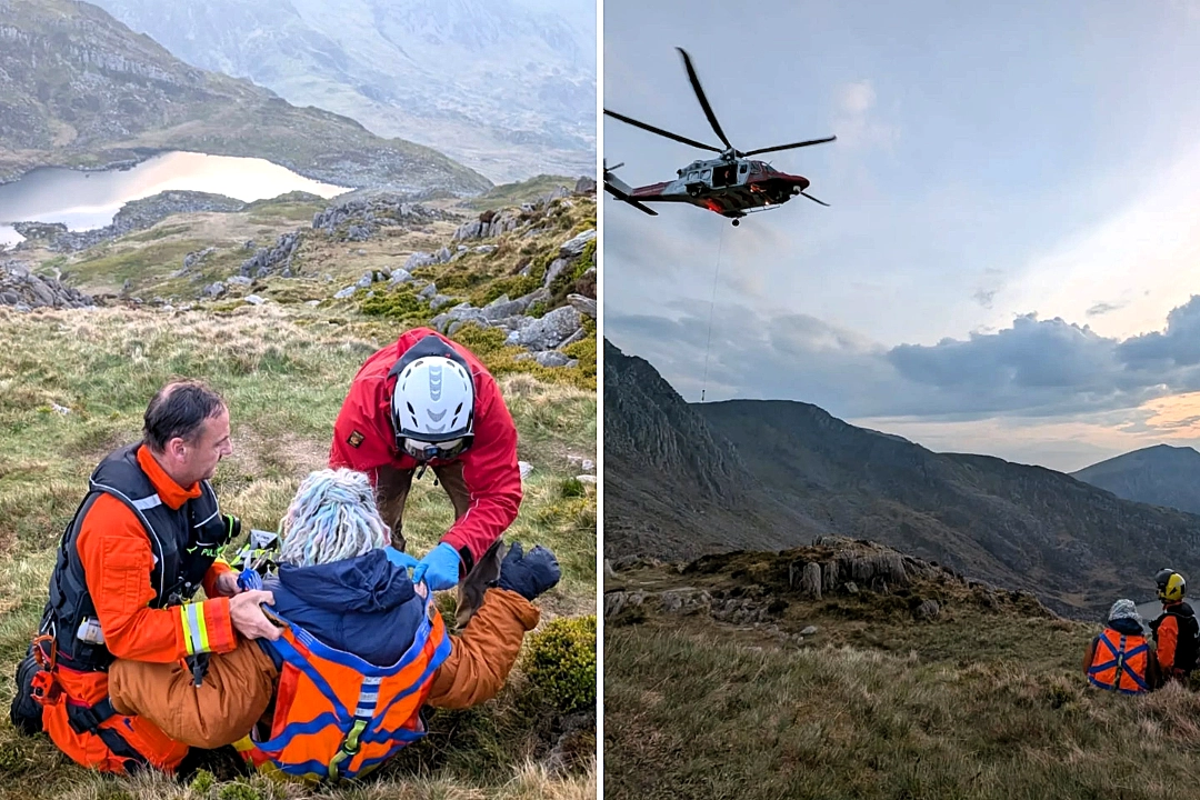 Hiker with ankle injury rescued by maritime coastguard helicopter after becoming stranded on Tryfan mountain in Wales, airlifted to safety by emergency crew.