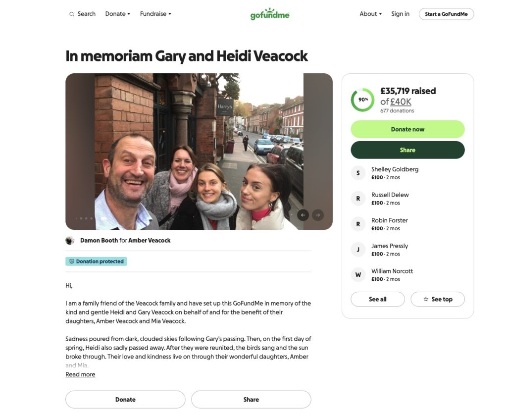 Nearly £36,000 raised for sisters Amber and Mia Veacock after they tragically lost both parents within weeks at their Exmouth, Devon family home.
