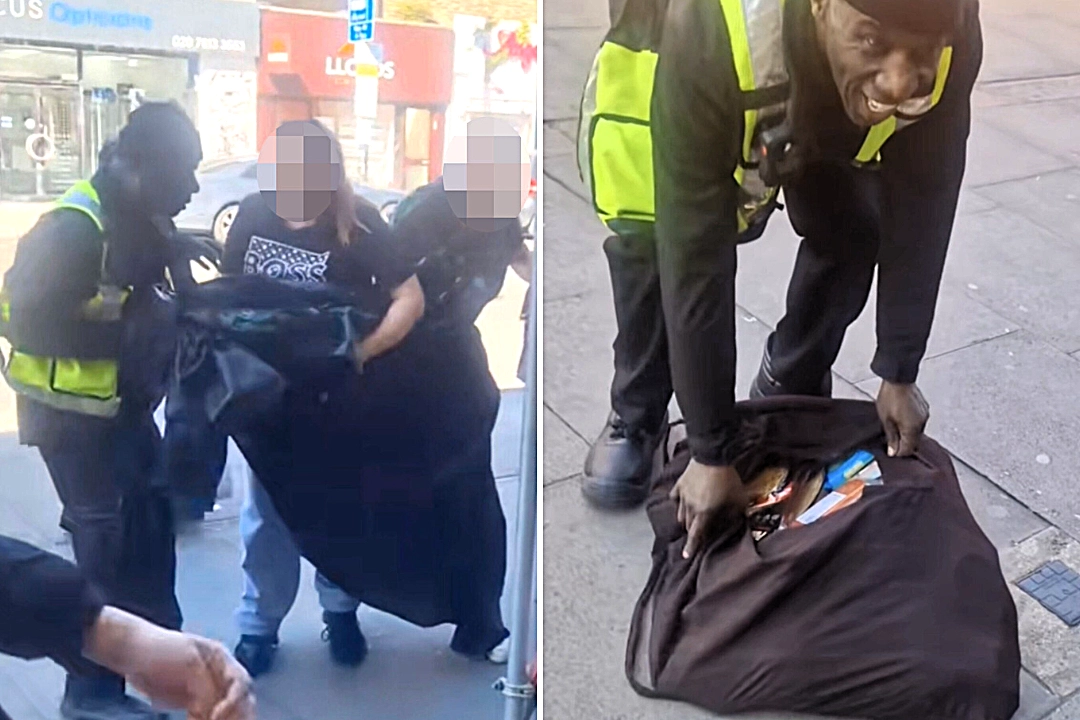 Sharp-eyed Iceland security guard catches shoplifter hiding over 20lb of stolen frozen food under her skirt to fake pregnancy in viral Bethnal Green, London video.