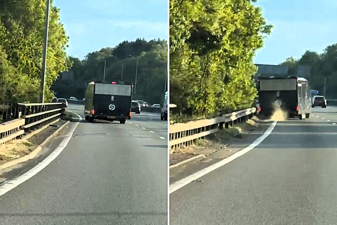 Shocking viral footage shows reckless M25 driver lose control as huge trailer swings across motorway lanes and smashes into barriers, leaving drivers stunned.