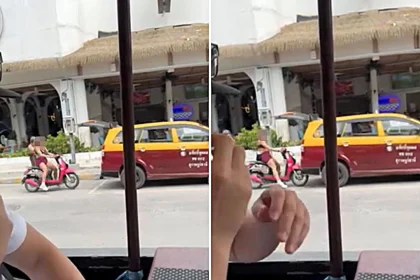 A clueless tourist in Thailand was fined £230 after crashing a rented scooter into a parked taxi seconds after being shown how to turn it on, with the viral clip watched 849,000 times.