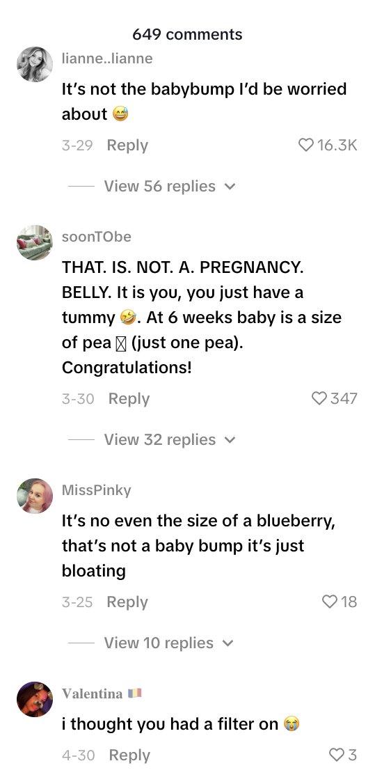 Social media comment on the post of British influencer goes viral after hiding her huge six-week pregnancy bump at work - but trolls insist it's just bloat and she's hitting back.