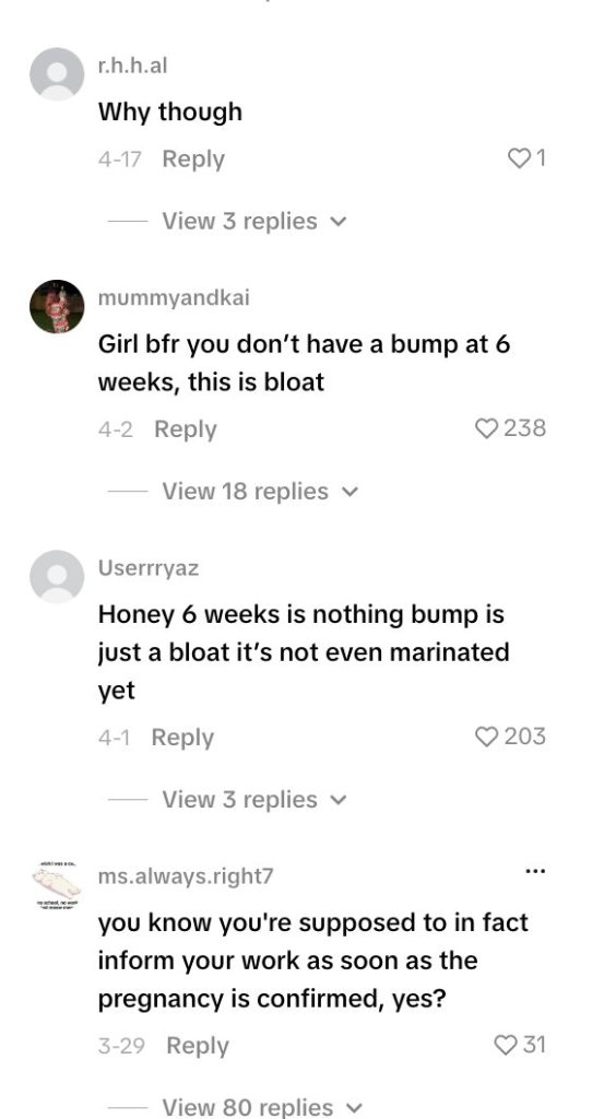 Social media comment on the post of British influencer goes viral after hiding her huge six-week pregnancy bump at work - but trolls insist it's just bloat and she's hitting back.