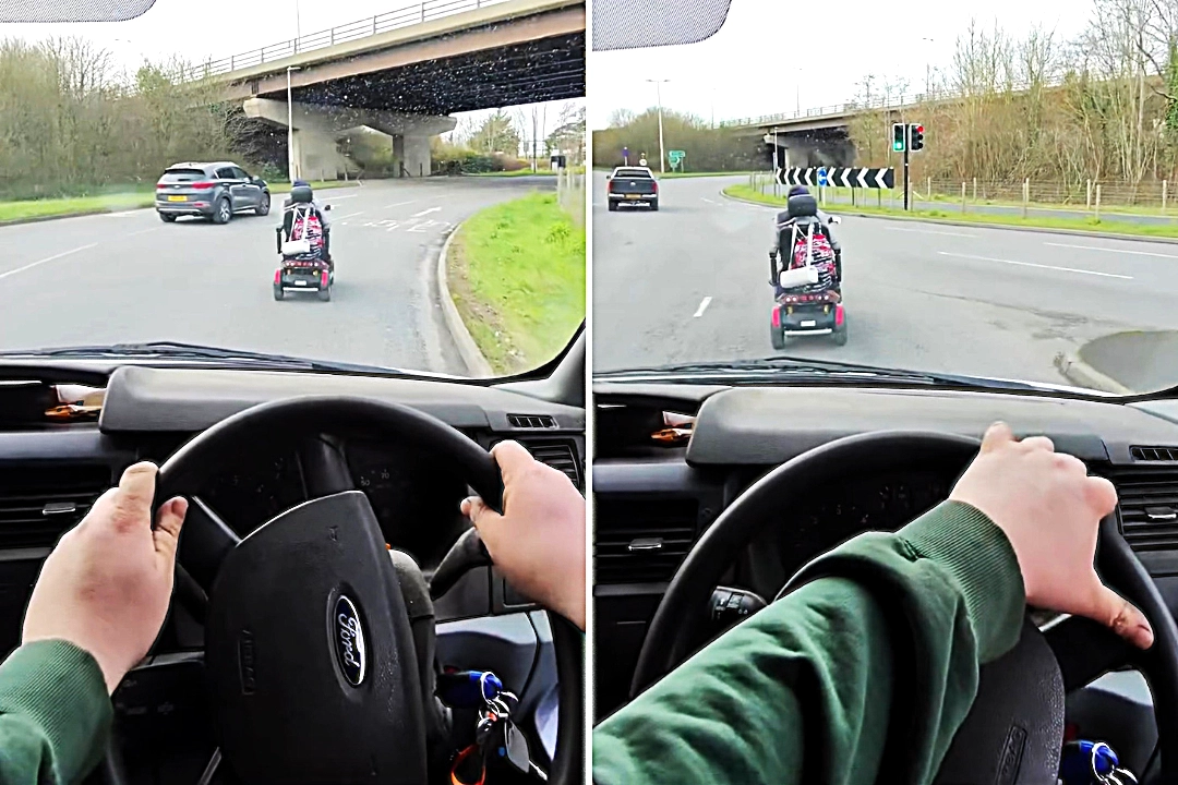 A lorry driver filmed a mobility scooter crawling at 10mph on a 70mph dual carriageway near St Neots in footage that went viral with nearly one million views, baffling drivers.