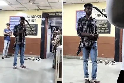 A young man in Mumbai went viral after being filmed calmly scrolling on his phone in hospital - with a machete lodged 1.5 inches into his brain after a brutal attack.