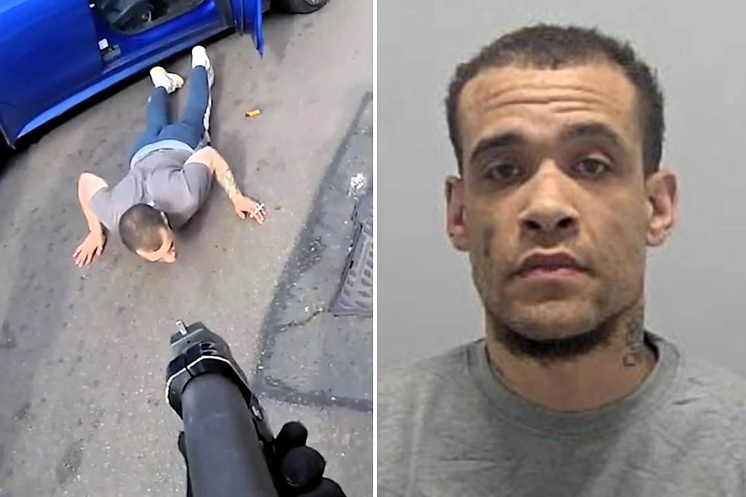 A man who stabbed his friend six times before shooting him in the back was arrested moments later after crashing while fleeing police the wrong way down a one-way street in Luton.