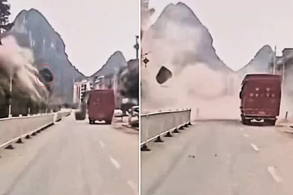 Dramatic dash-cam footage captured the terrifying moment a mountain collapsed and sent huge boulders crashing onto a truck in southern China - injuring two people.