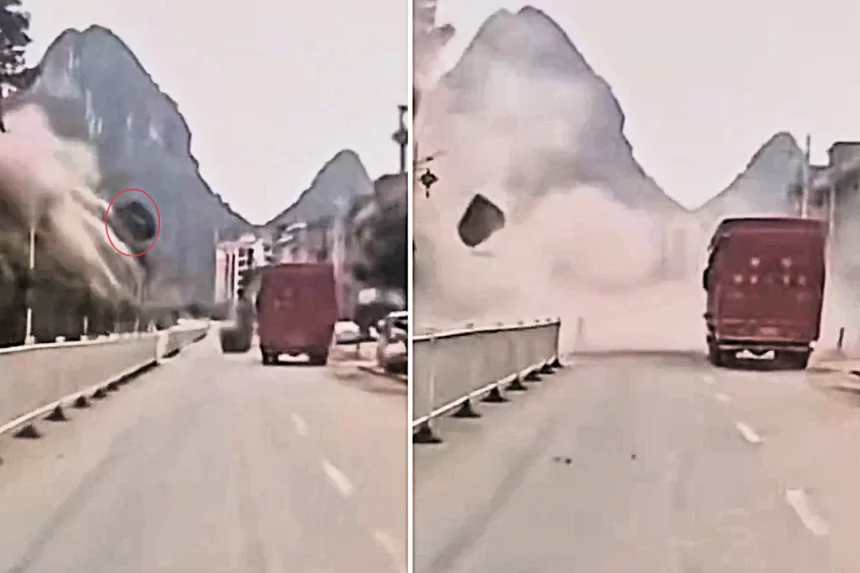 Dramatic dash-cam footage captured the terrifying moment a mountain collapsed and sent huge boulders crashing onto a truck in southern China - injuring two people.