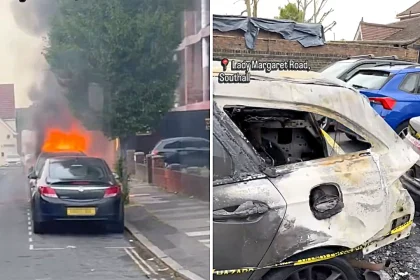 Multiple cars were set ablaze on a residential road in Southall, London, leaving burnt out wrecks with blown out windows as police cordoned off the street.