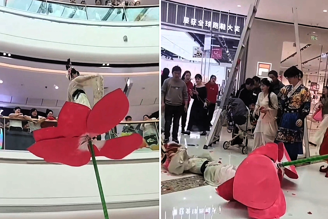 An acrobat plunged 10ft headfirst from a pole at a Chinese shopping centre with no safety mats below, leaving shoppers horrified as she lay motionless on the hard floor.
