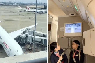 A China Eastern Airlines Airbus A350 crashed into a passenger bridge twice at Shanghai Hongqiao Airport - with all passengers and crew escaping safely.