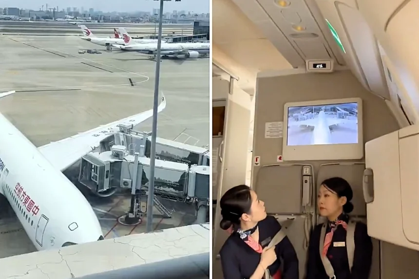 A China Eastern Airlines Airbus A350 crashed into a passenger bridge twice at Shanghai Hongqiao Airport - with all passengers and crew escaping safely.