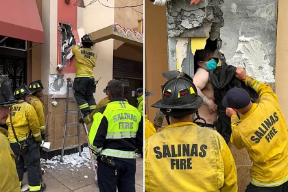California burglar Isaac Valencia found trapped inside wall between Salinas coffee shop and cinema for 10 hours after officers heard his cries during coffee break.