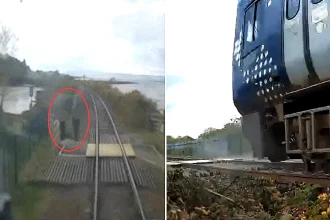 Reckless youngsters caught playing chicken on railway tracks as trains thundered past, forcing terrified driver to slam on emergency brakes in shocking near-miss footage.