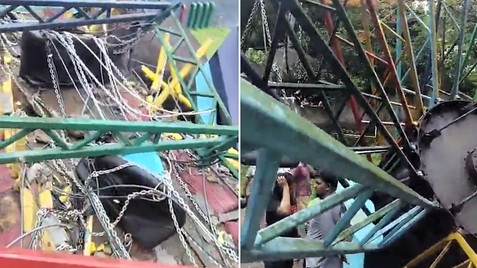 Five thrill-seekers including two teenagers injured after chair swing ride suddenly collapses at Indian theme park, sending screaming passengers crashing into fence.