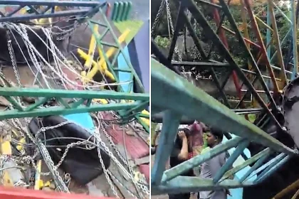 Five thrill-seekers including two teenagers injured after chair swing ride suddenly collapses at Indian theme park, sending screaming passengers crashing into fence.