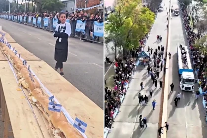 Hungry spectators storm barriers and snatch chunks of record-breaking 2,460ft sandwich in Argentina before Guinness officials could confirm world record.