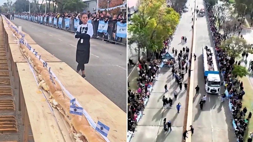 Hungry spectators storm barriers and snatch chunks of record-breaking 2,460ft sandwich in Argentina before Guinness officials could confirm world record.