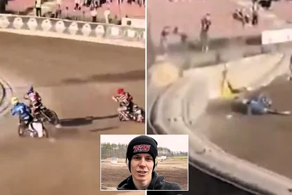 Polish teenage speedway rider Patryk Budniak, 19, fights for life in induced coma after horror crash sent him flying over safety barrier into parked van.