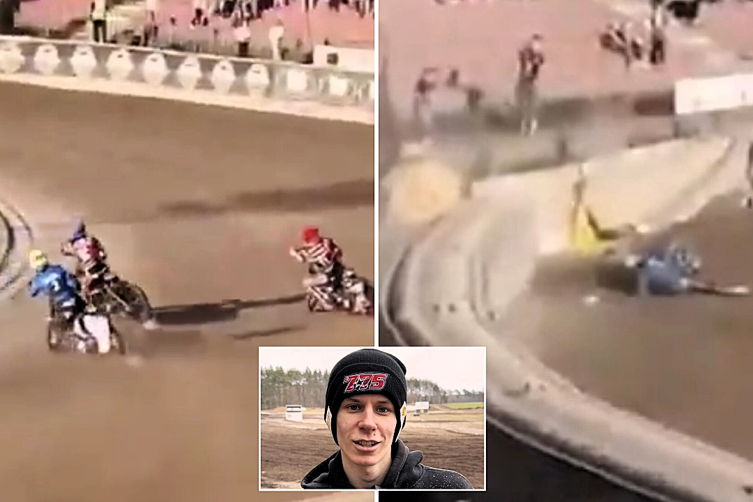 Polish teenage speedway rider Patryk Budniak, 19, fights for life in induced coma after horror crash sent him flying over safety barrier into parked van.
