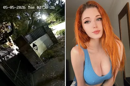 Influencer Amouranth barricaded herself inside her Texas home as gunfire erupted outside, with security footage showing a hooded figure lurking nearby in a terrifying late-night ordeal.