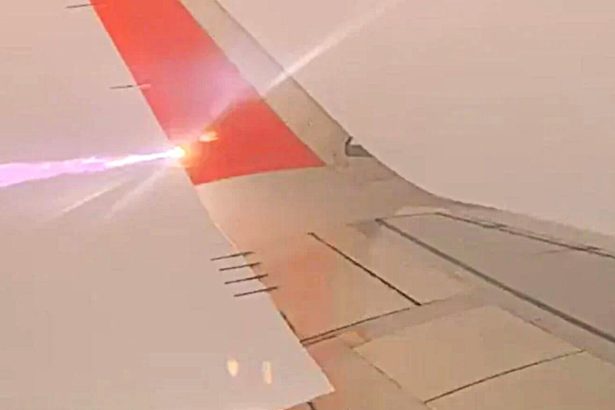 Terrifying moment lightning bolt struck Viva flight wing mid-air as plane flew from Puerto Escondido to Mexico City, sparking panic among passengers on board.