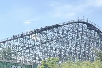 Around 20 terrified riders were forced to walk down a towering 157ft rollercoaster in China after the wooden ride broke down mid-ascent, leaving some with splinter injuries.