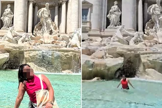 Tourist fined €500 after stripping off trainers and taking a swim in Rome's iconic Trevi Fountain in broad daylight while her husband filmed the shocking stunt.
