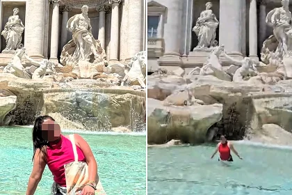 Tourist fined €500 after stripping off trainers and taking a swim in Rome's iconic Trevi Fountain in broad daylight while her husband filmed the shocking stunt.