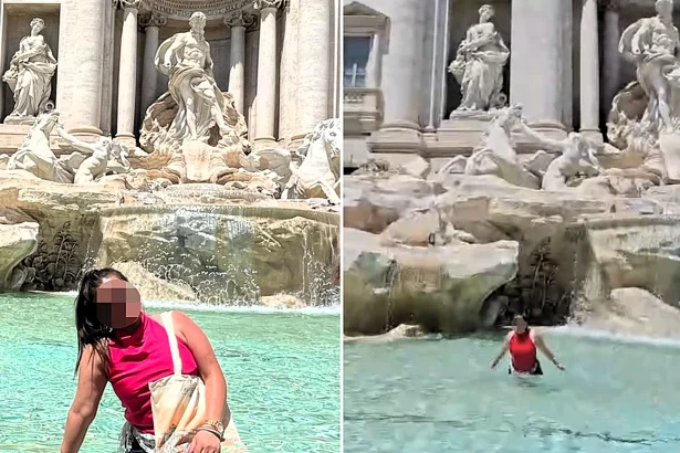 Tourist fined €500 after stripping off trainers and taking a swim in Rome's iconic Trevi Fountain in broad daylight while her husband filmed the shocking stunt.