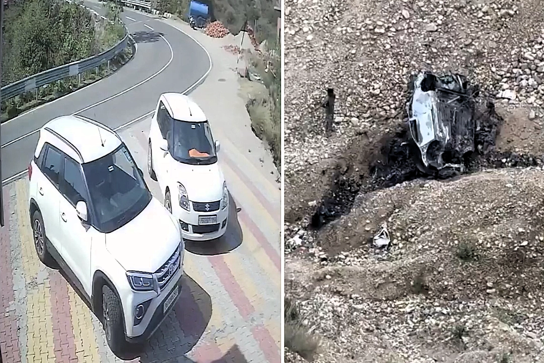 CCTV captured the horrifying moment a car flew off a 200-foot cliff on a mountain road in India after what is believed to have been a sudden tyre burst, killing both passengers inside.