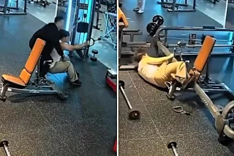Gym goer in China narrowly escapes serious injury after weight machine topples onto him during bizarre extreme workout - sparking urgent safety inspections.