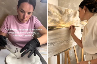 An artist blended her friend's ashes into a stunning seascape painting after he died in a motorbike crash aged just 22 - and his mum said it "took her breath away".