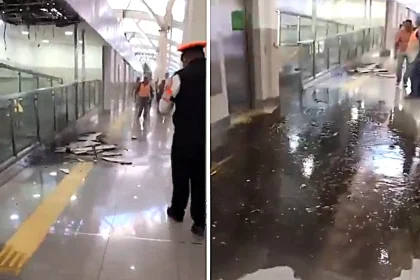 A major World Cup airport was flooded with sewage just weeks before the tournament, with shocking footage showing passengers wading through foul water after a pipe burst during renovation work.