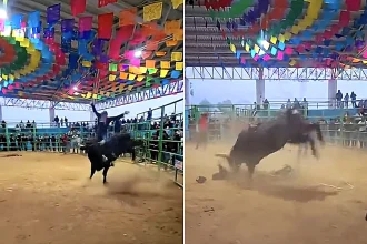A young bull rider is fighting for his life after being trampled and dragged face-first through the sand at a traditional Mexican jaripeo event after becoming tangled in a rope.